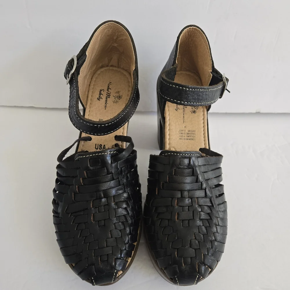 Black Leather Platform Ankle Strap Shoes size 6 Artisan made